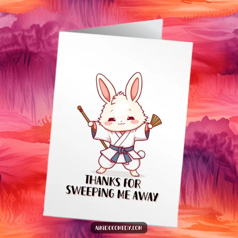 Funny Free Printable Thank You Card with a fluffy bunny in a gi playfully attempting an Aikido sweep, expressing thanks.