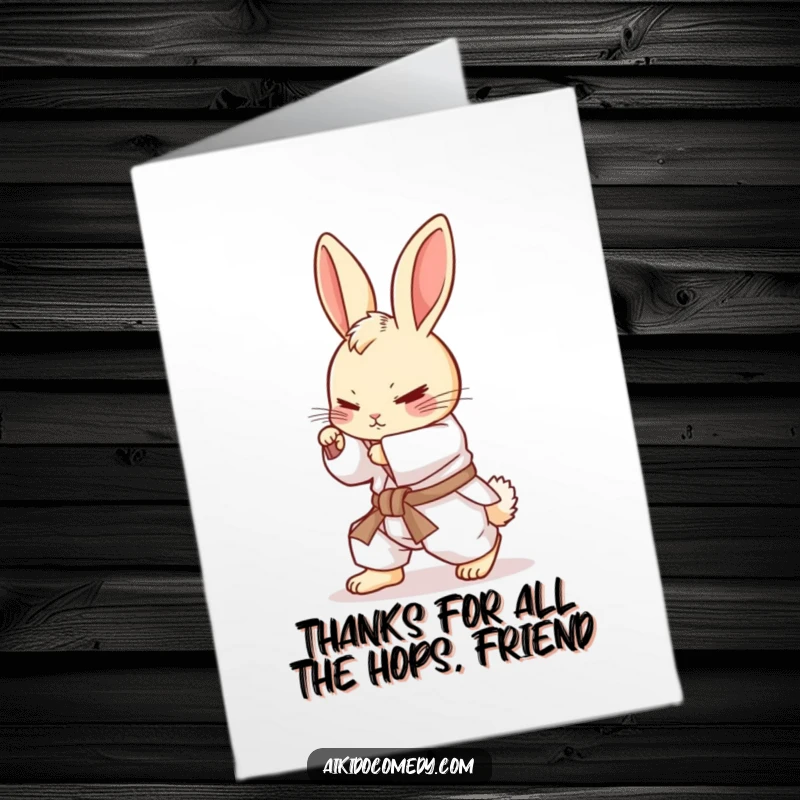 Funny Free Printable Thank You Card with a determined bunny in a white gi, practicing a rolling motion with gratitude.