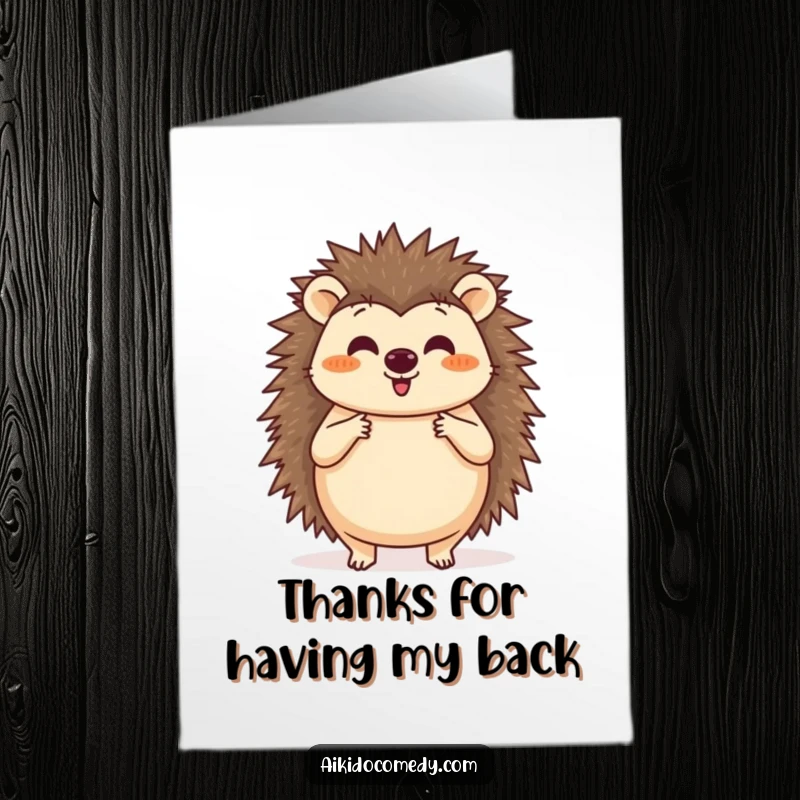 Funny Free Printable Thank You Card with a happy hedgehog practicing a circular Aikido blocking motion with its paws, expressing thanks.