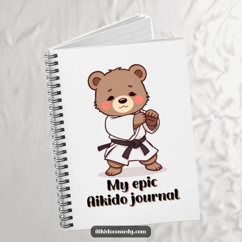 Funny notebook with a determined bear cub in a martial arts uniform practicing a gentle Aikido roll on the cover.