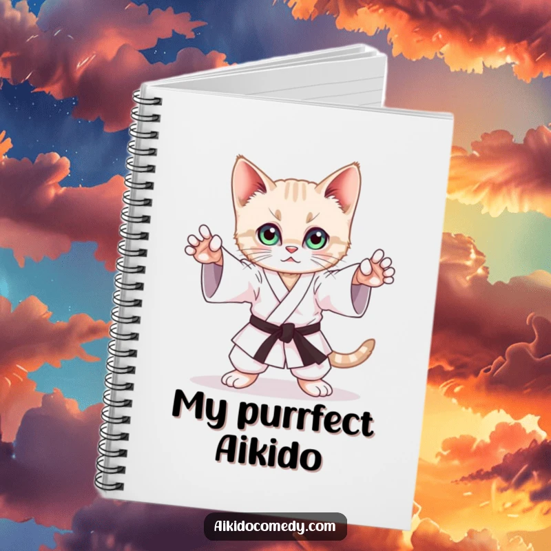 Funny notebook cover with a playful kitten mimicking a graceful Aikido stance with focused eyes, ready for notes.