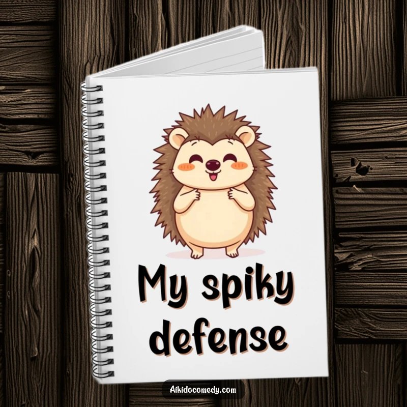 Funny notebook cover with a happy hedgehog practicing a circular blocking motion with its paws, ready for writing.