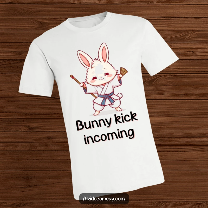 Funny t-shirt depicting a fluffy bunny in a gi playfully attempting an Aikido sweeping technique with determined yet cheerful eyes.