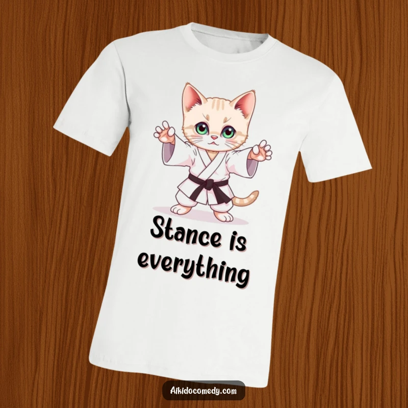 Funny t-shirt depicting a playful kitten mimicking a graceful Aikido stance with sharp, focused eyes and elegant posture.