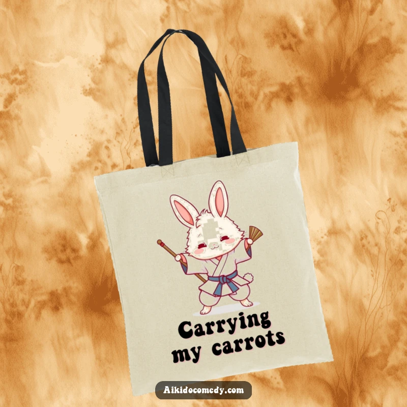 Funny tote bag with a fluffy bunny in a gi playfully attempting an Aikido sweeping technique, perfect for errands and more.