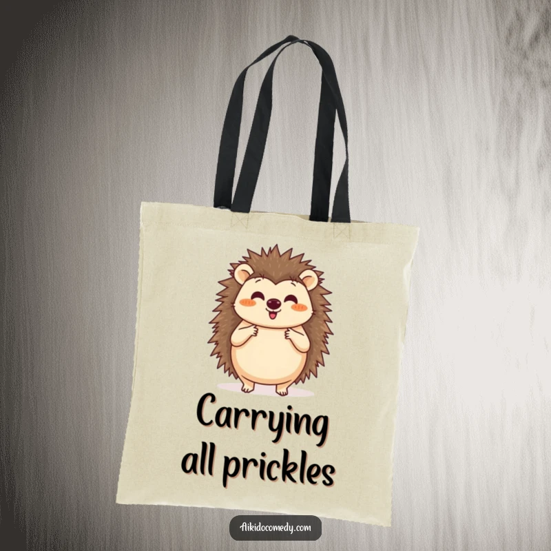 Funny tote bag with a happy hedgehog practicing a circular blocking motion with its paws, perfect for daily use.