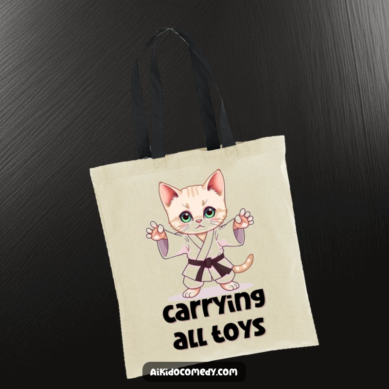 Funny tote bag with a playful kitten mimicking a graceful Aikido stance with alert, focused eyes, ready for any task.