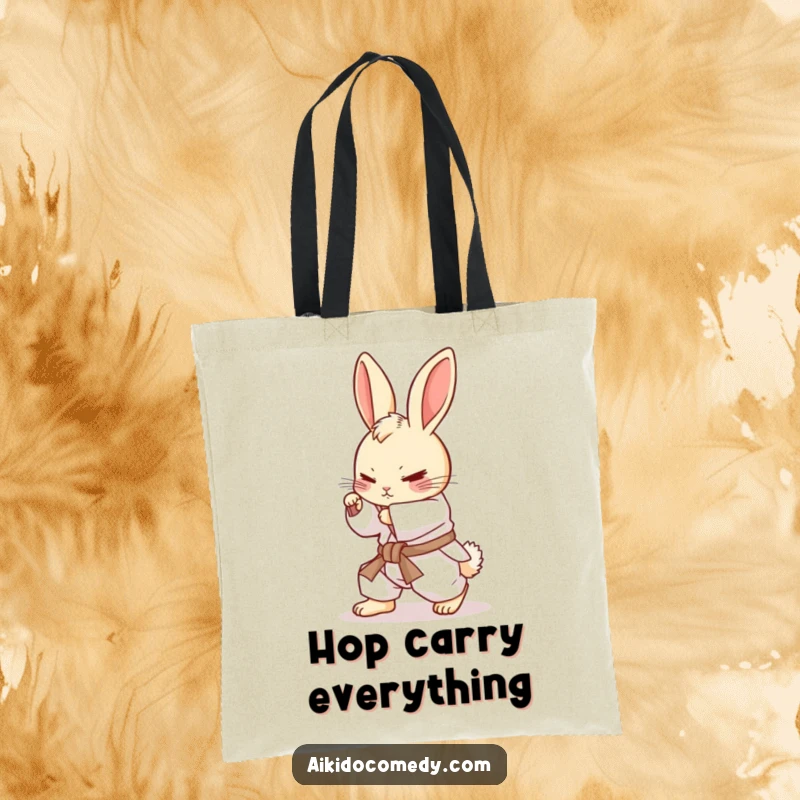 Funny bunny in white gi practicing a rolling motion on a tote bag. Practical and funny gift.